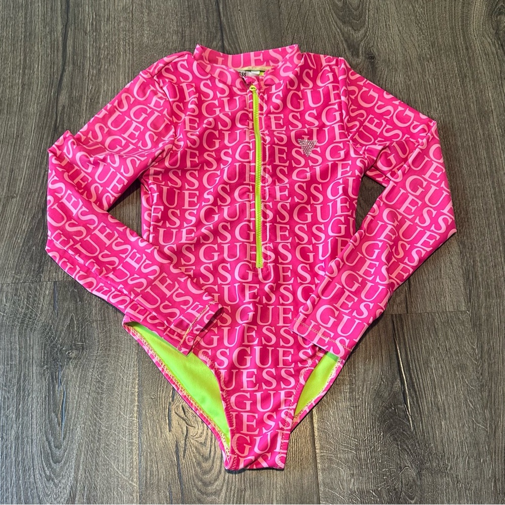 Guess Kids Pink and Lime Green Rashguard Swimsuit Size 7